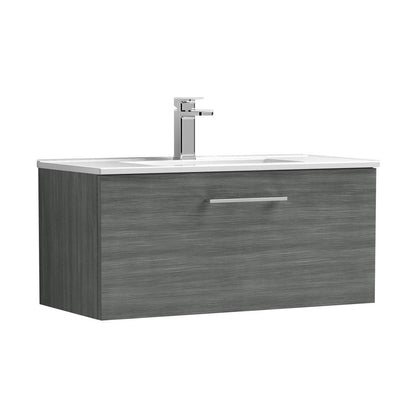 Nuie Arno 800mm Wall Hung 1 Drawer Vanity & Basin 2 Contemporary Anthracite Woodgrain MFC Textured Woodgrain 377x800x390mm - JJ Building Materials
