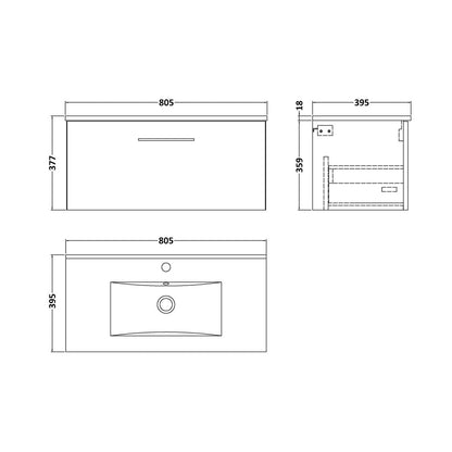Nuie Arno 800mm Wall Hung 1-drawer Vanity & Basin 2 Contemporary Bleached Oak MFC Textured Woodgrain 377x800x390mm - JJ Building Materials