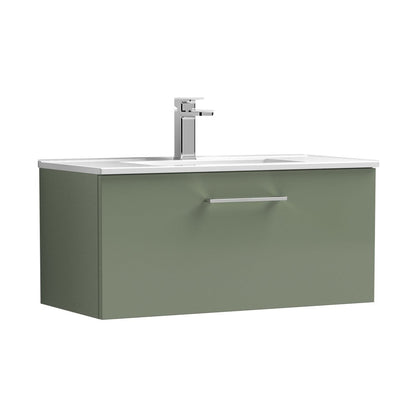 Nuie Arno 800mm Wall Hung 1 Drawer Vanity & Basin 2 Contemporary Satin Green MFC Painted Matt 377x800x390mm - JJ Building Materials