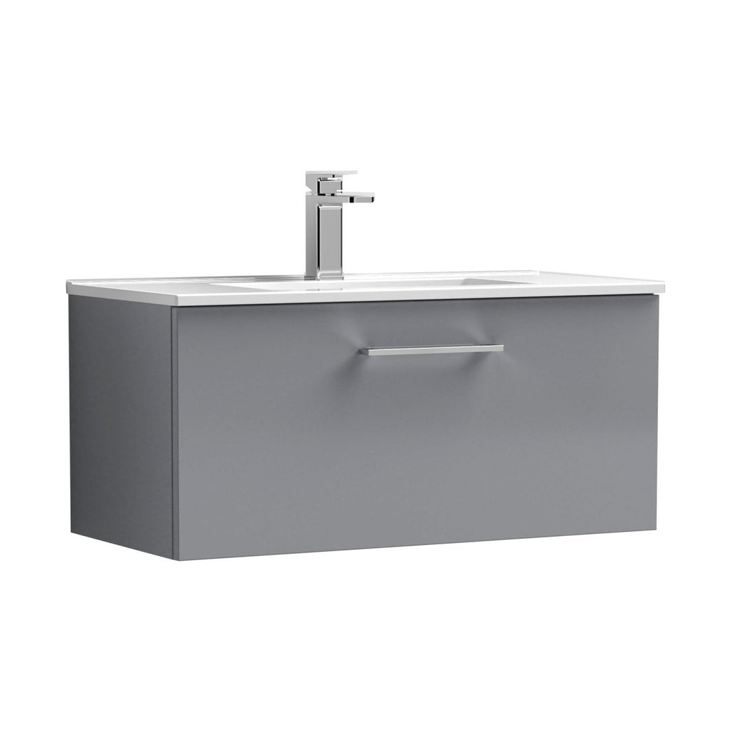Nuie Arno 800mm Wall Hung 1 Drawer Vanity & Basin 2 Contemporary Satin Grey 374x800x390mm - JJ Building Materials