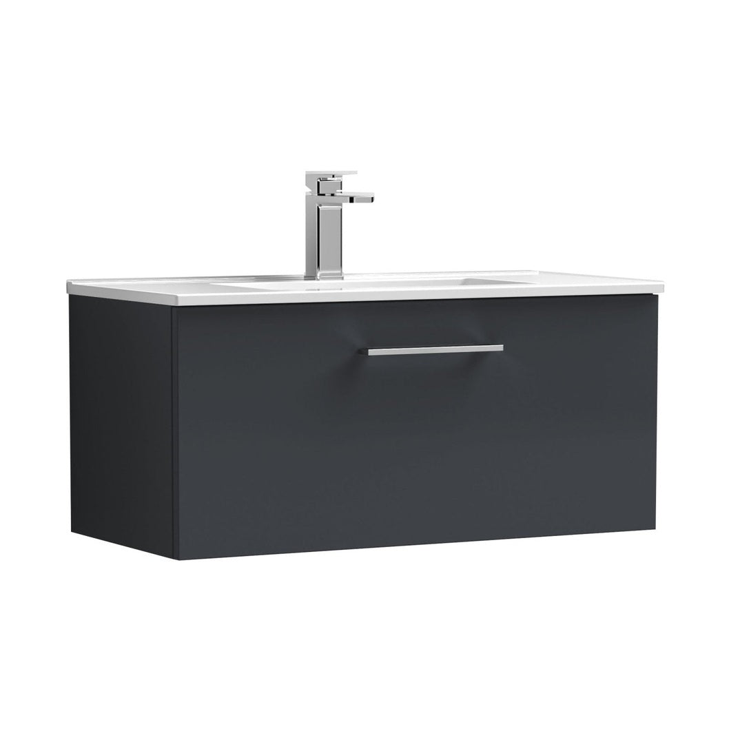 Nuie Arno 800mm Wall Hung 1 Drawer Vanity & Basin 2 Contemporary Soft Black MFC Painted Matt 374x800x390mm - JJ Building Materials