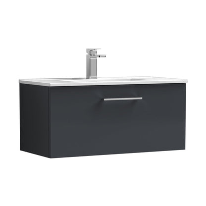 Nuie Arno 800mm Wall Hung 1 Drawer Vanity & Basin 2 Contemporary Soft Black MFC Painted Matt 374x800x390mm - JJ Building Materials
