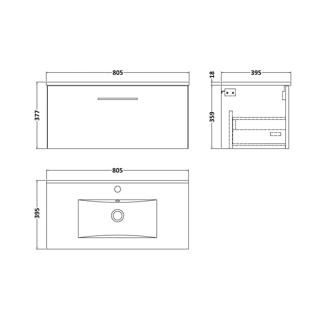 Nuie Arno 800mm Wall Hung 1 Drawer Vanity & Basin 2 Contemporary Soft Black MFC Painted Matt 374x800x390mm - JJ Building Materials