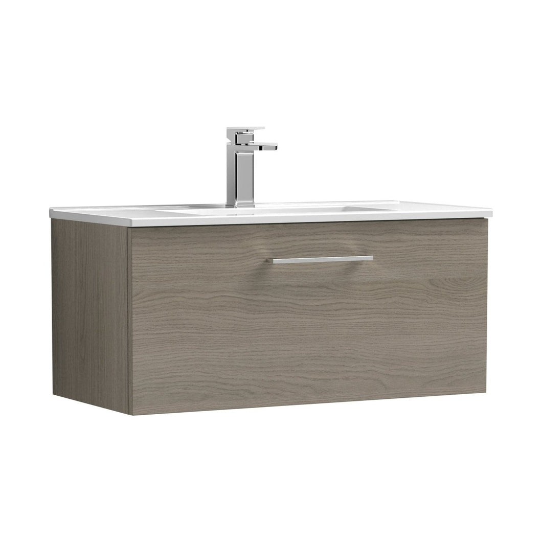 Nuie Arno 800mm Wall Hung 1 Drawer Vanity & Basin 2 Contemporary Solace Oak MFC Textured Woodgrain 377x800x390mm - JJ Building Materials
