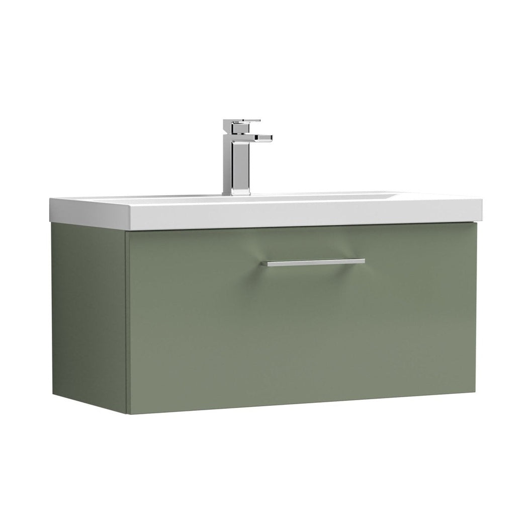 Nuie Arno 800mm Wall Hung 1 Drawer Vanity & Basin 3 Contemporary Satin Green MFC Painted Matt 409x810x395mm - JJ Building Materials