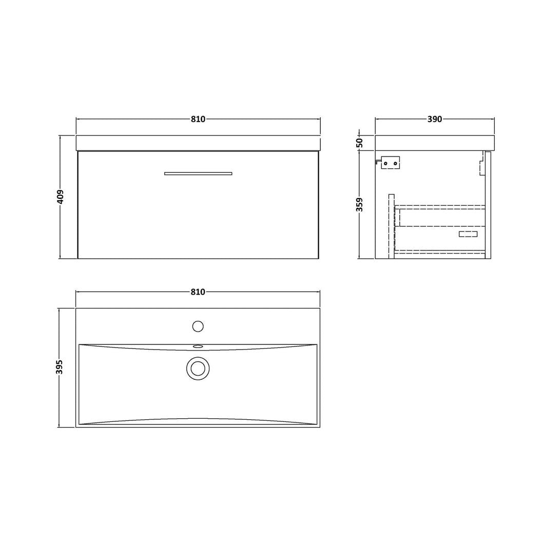 Nuie Arno 800mm Wall Hung 1 Drawer Vanity & Basin 3 Contemporary Soft Black MFC Painted Matt 409x810x395mm - JJ Building Materials