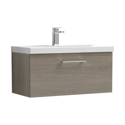 Nuie Arno 800mm Wall Hung 1 Drawer Vanity & Basin 3 Contemporary Solace Oak MFC Textured Woodgrain 409x810x395mm - JJ Building Materials