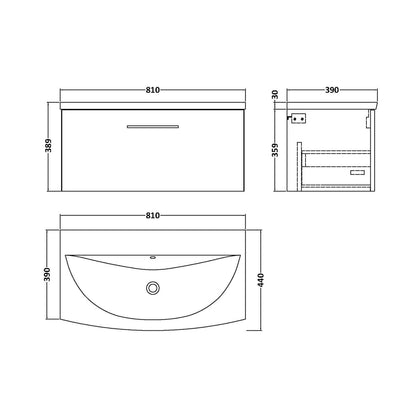 Nuie Arno 800mm Wall Hung 1 Drawer Vanity & Basin 4 Contemporary Anthracite Woodgrain MFC Textured Woodgrain 389x810x440mm - JJ Building Materials