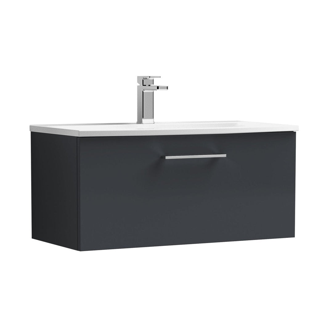 Nuie Arno 800mm Wall Hung 1 Drawer Vanity & Basin 4 Contemporary Soft Black MFC Painted Matt 389x810x440mm - JJ Building Materials