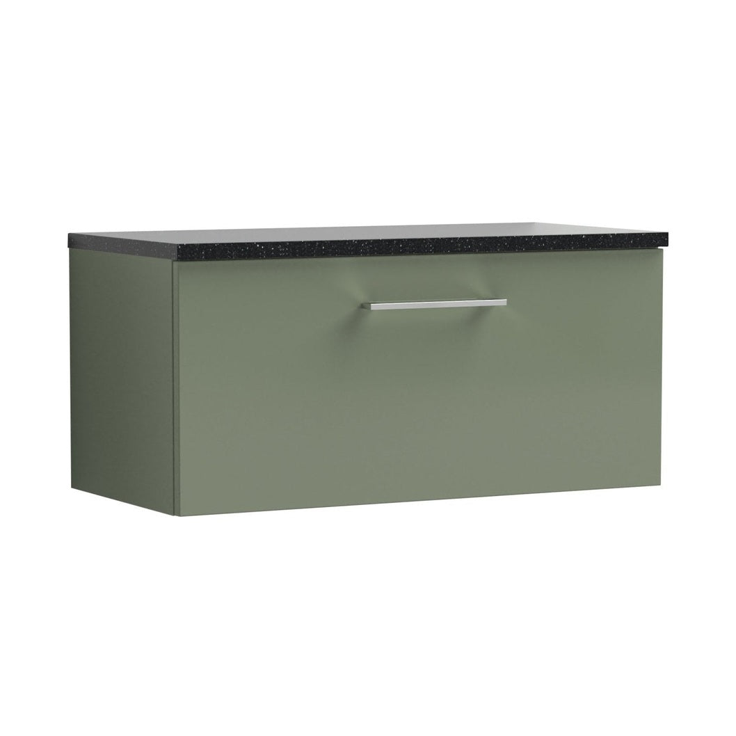 Nuie Arno 800mm Wall Hung 1 Drawer Vanity & Laminate Top Contemporary Satin Green MFC Painted Matt 381x805x390mm - ARN825LSB - JJ Building Materials
