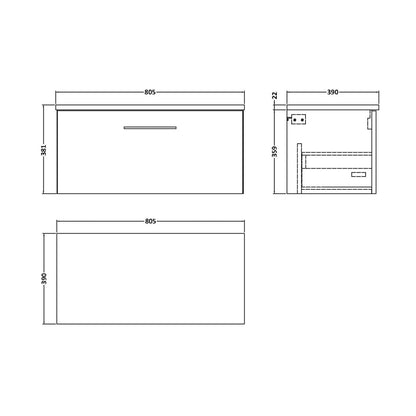 Nuie Arno 800mm Wall Hung 1-drawer Vanity & Laminate Worktop Contemporary Anthracite Woodgrain MFC Textured Woodgrain 381x805x390mm - JJ Building Materials