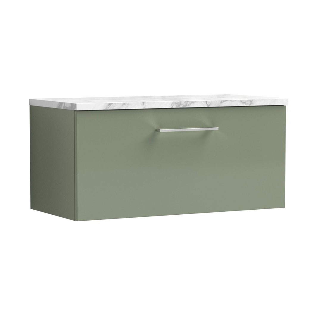 Nuie Arno 800mm Wall Hung 1-drawer Vanity & Laminate Worktop Contemporary Satin Green MFC Painted Matt 381x805x390mm - JJ Building Materials