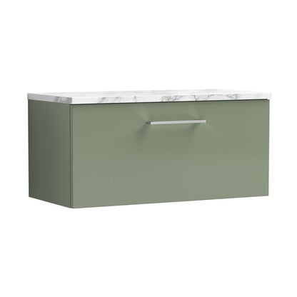 Nuie Arno 800mm Wall Hung 1-drawer Vanity & Laminate Worktop Contemporary Satin Green MFC Painted Matt 381x805x390mm - JJ Building Materials