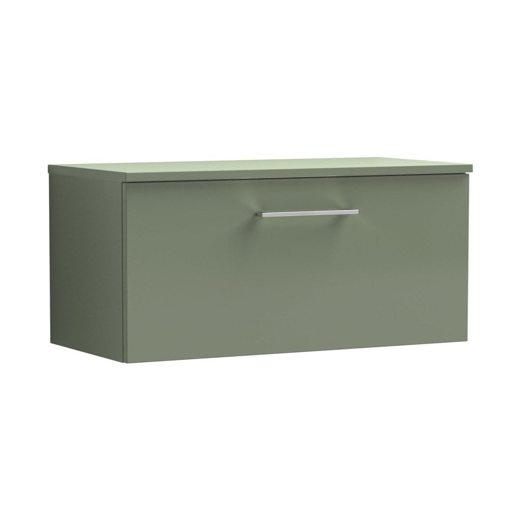 Nuie Arno 800mm Wall Hung 1 Drawer Vanity & Worktop Contemporary Satin Green MFC Painted Matt 377x805x390mm - JJ Building Materials