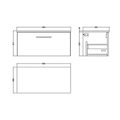 Nuie Arno 800mm Wall Hung 1 Drawer Vanity & Worktop Contemporary Satin Green MFC Painted Matt 377x805x390mm - JJ Building Materials