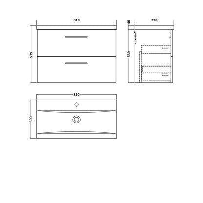 Nuie Arno 800mm Wall Hung 2 Drawer Vanity & Basin 1 Contemporary Charcoal Black 579x810x390mm - JJ Building Materials