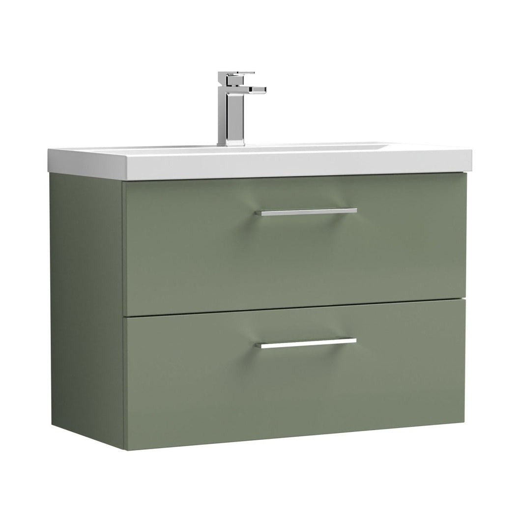 Nuie Arno 800mm Wall Hung 2 Drawer Vanity & Basin 1 Contemporary Satin Green MFC Painted Matt 579x810x390mm - JJ Building Materials