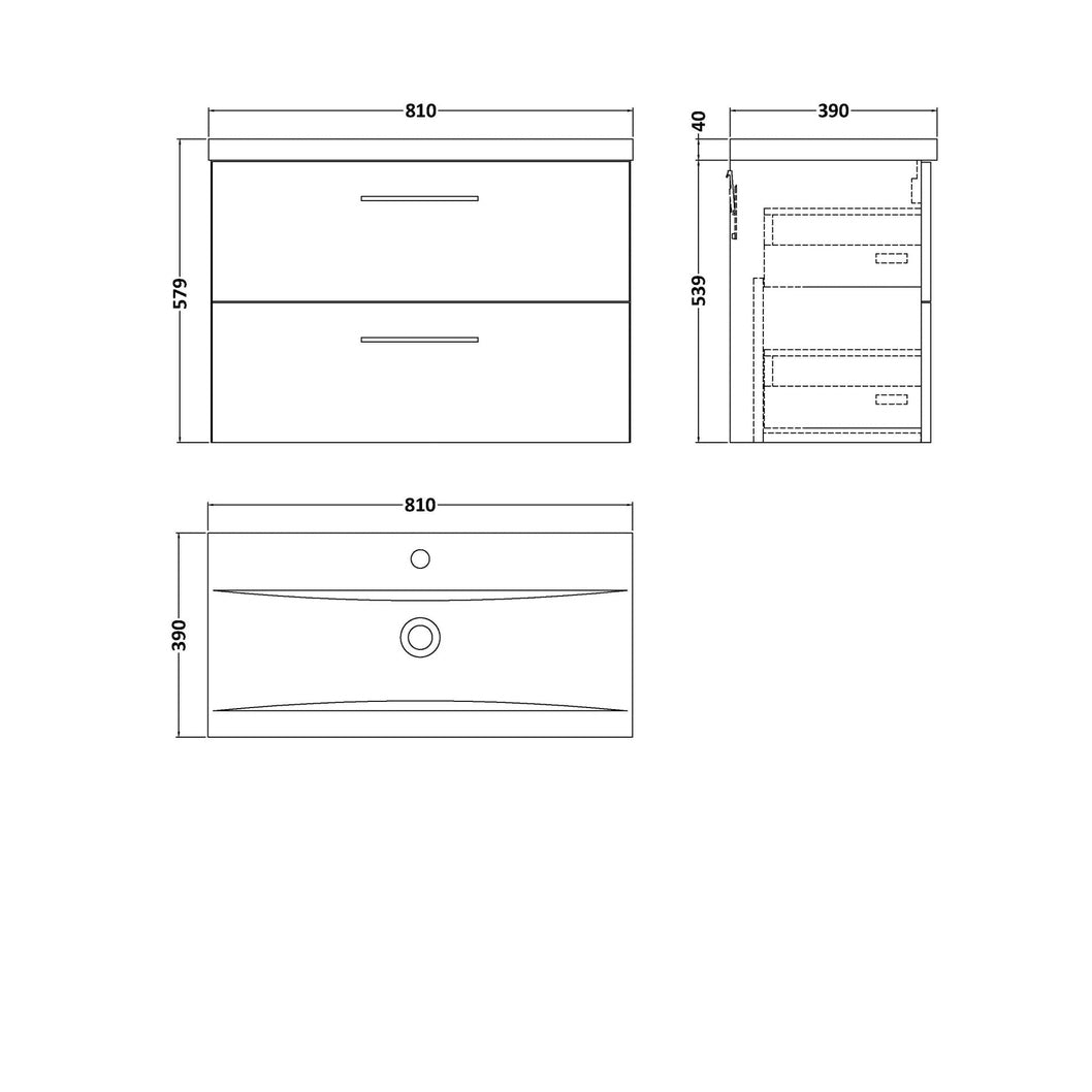 Nuie Arno 800mm Wall Hung 2 Drawer Vanity & Basin 1 Contemporary Satin Grey 579x810x390mm - JJ Building Materials