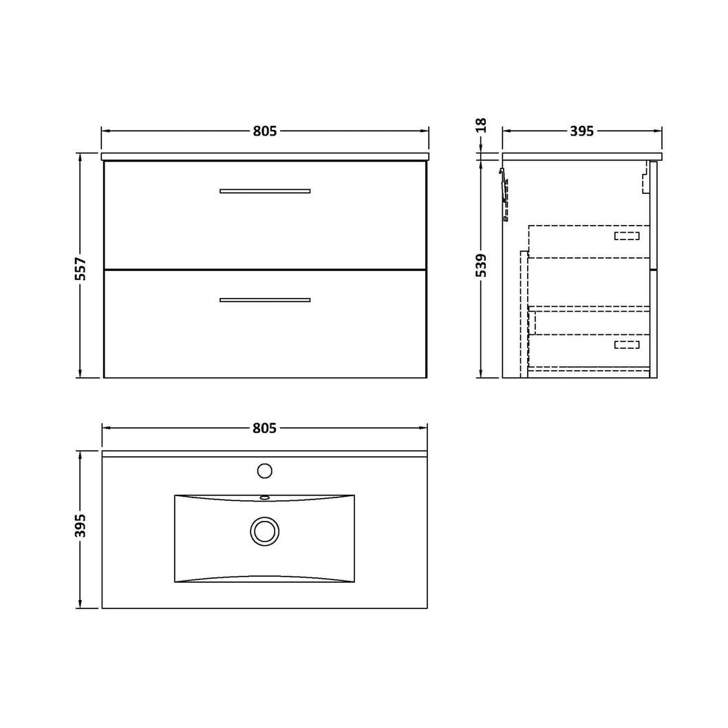 Nuie Arno 800mm Wall Hung 2 Drawer Vanity & Basin 2 Contemporary Anthracite Woodgrain MFC Textured Woodgrain 557x800x390mm - JJ Building Materials