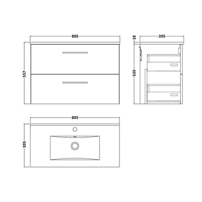 Nuie Arno 800mm Wall Hung 2-drawer Vanity & Basin 2 Contemporary Bleached Oak 558x800x390mm - JJ Building Materials