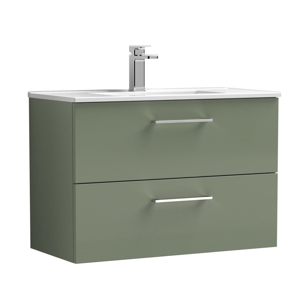 Nuie Arno 800mm Wall Hung 2 Drawer Vanity & Basin 2 Contemporary Satin Green MFC Painted Matt 557x800x390mm - JJ Building Materials