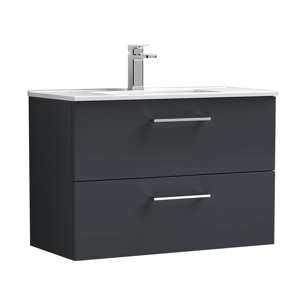 Nuie Arno 800mm Wall Hung 2 Drawer Vanity & Basin 2 Contemporary Soft Black MFC Painted Matt 554x800x390mm - JJ Building Materials