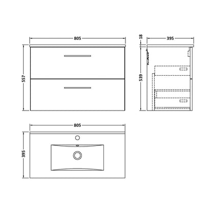 Nuie Arno 800mm Wall Hung 2 Drawer Vanity & Basin 2 Contemporary Solace Oak MFC Textured Woodgrain 557x800x390mm - JJ Building Materials
