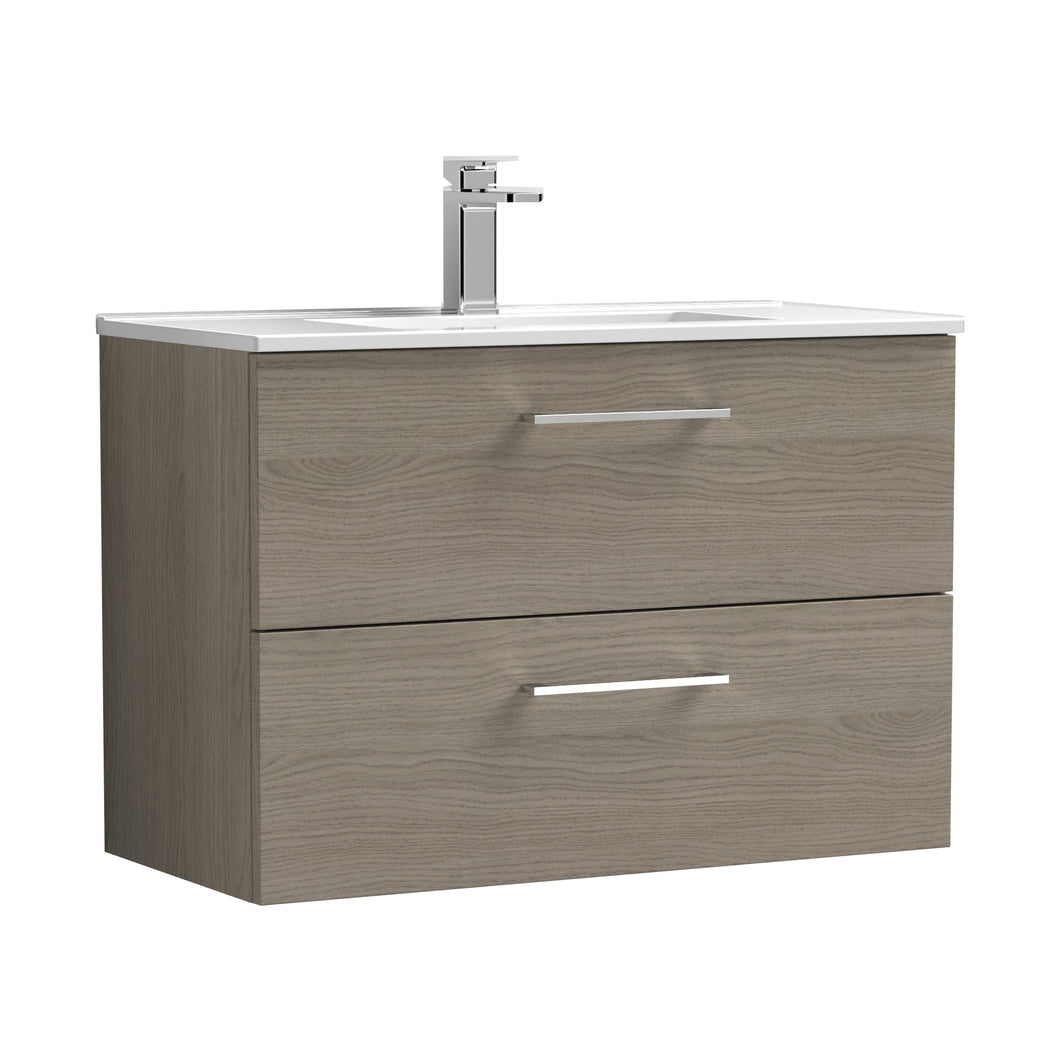 Nuie Arno 800mm Wall Hung 2 Drawer Vanity & Basin 2 Contemporary Solace Oak MFC Textured Woodgrain 557x800x390mm - JJ Building Materials
