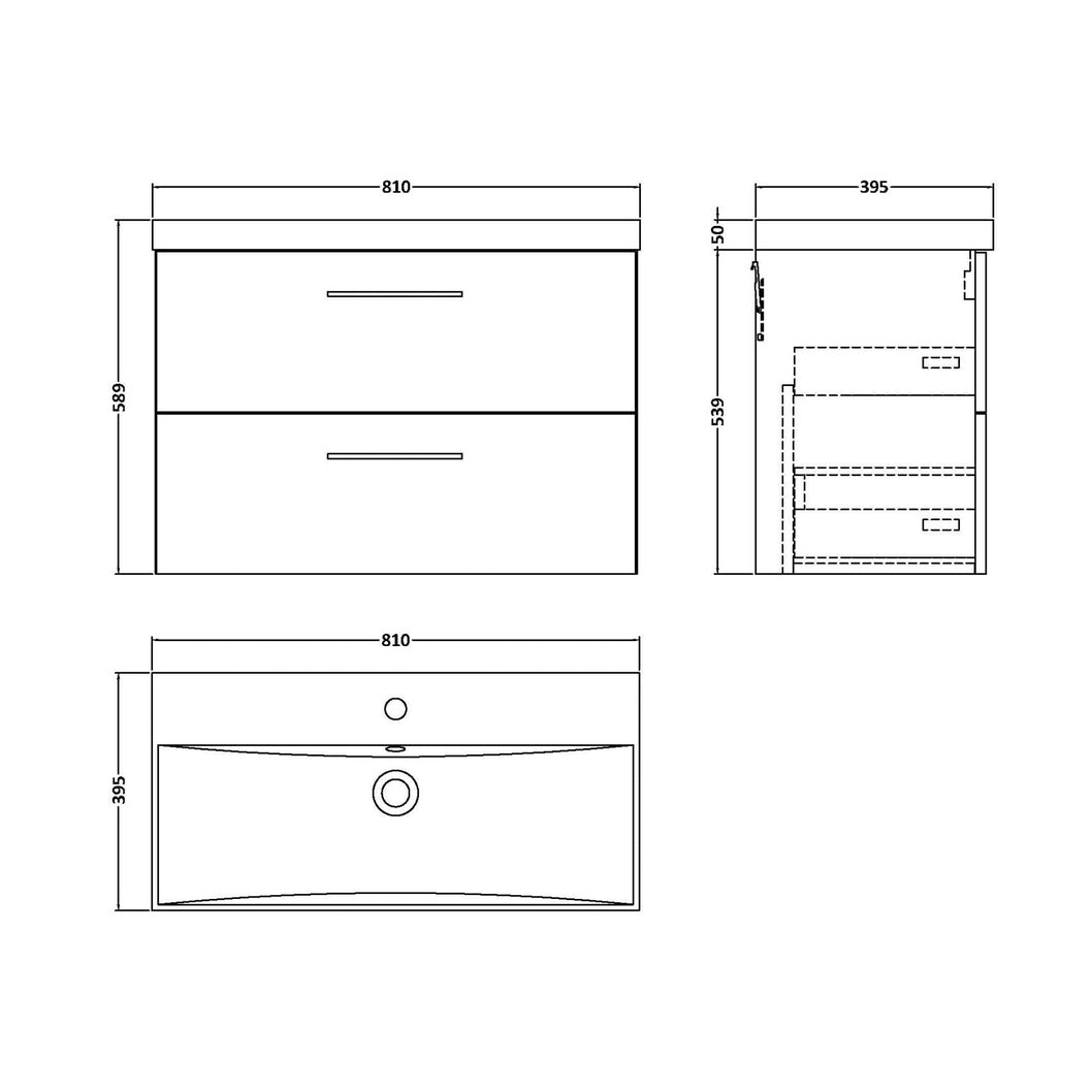 Nuie Arno 800mm Wall Hung 2 Drawer Vanity & Basin 3 Contemporary Charcoal Black 589x810x395mm - JJ Building Materials