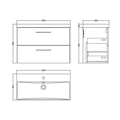 Nuie Arno 800mm Wall Hung 2 Drawer Vanity & Basin 3 Contemporary Charcoal Black 589x810x395mm - JJ Building Materials