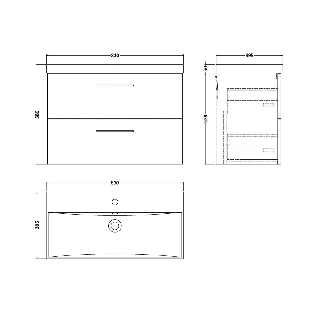 Nuie Arno 800mm Wall Hung 2 Drawer Vanity & Basin 3 Contemporary Satin Grey 589x810x395mm - JJ Building Materials