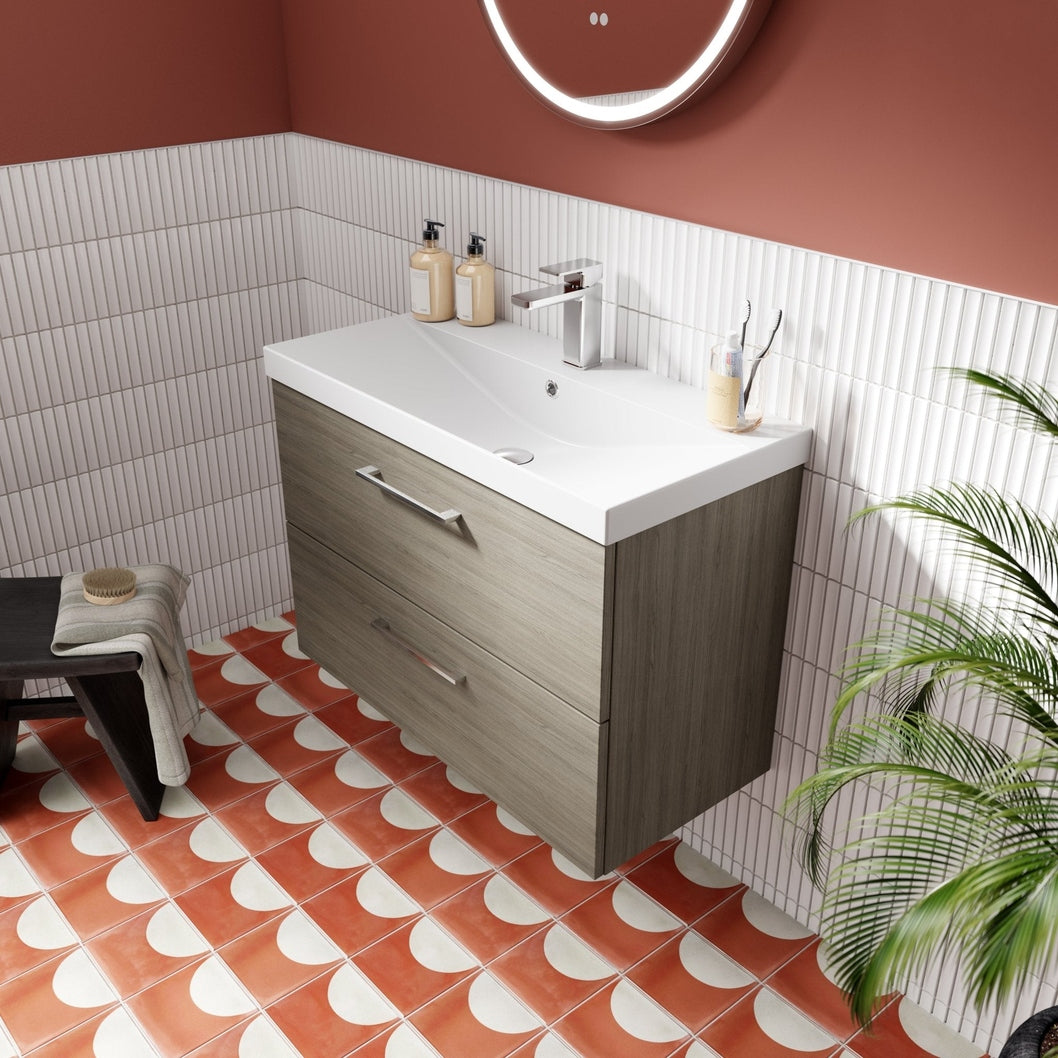 Nuie Arno 800mm Wall Hung 2 Drawer Vanity & Basin 3 Contemporary Solace Oak MFC Textured Woodgrain 589x810x395mm - JJ Building Materials