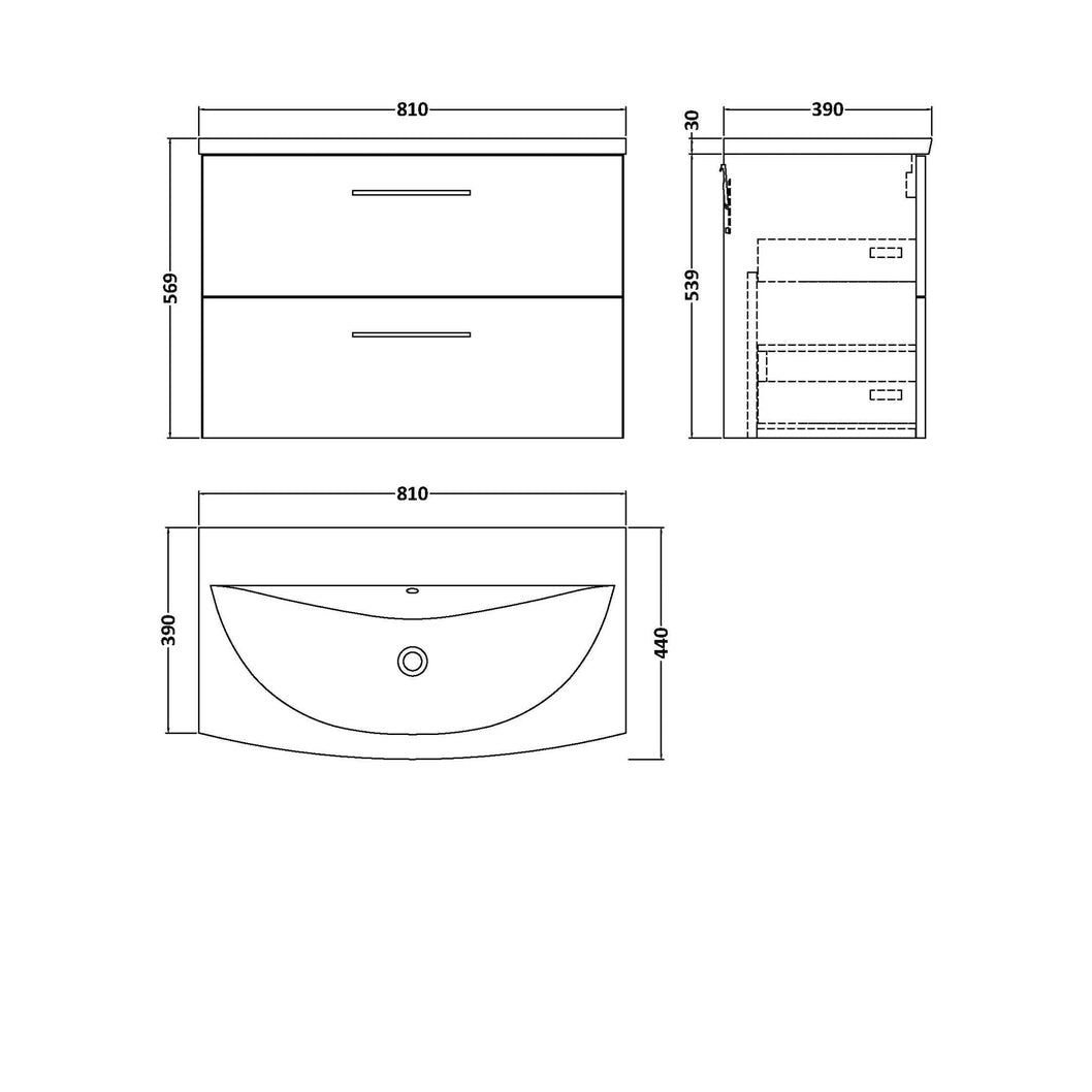 Nuie Arno 800mm Wall Hung 2 Drawer Vanity & Basin 4 Contemporary Gloss White 569x810x440mm - JJ Building Materials