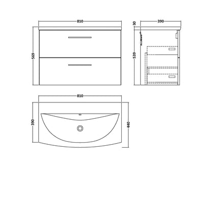 Nuie Arno 800mm Wall Hung 2 Drawer Vanity & Basin 4 Contemporary Gloss White 569x810x440mm - JJ Building Materials