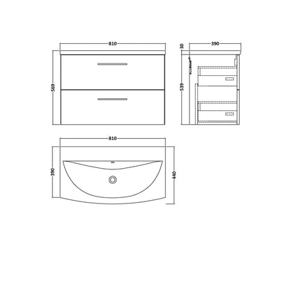 Nuie Arno 800mm Wall Hung 2-drawer Vanity & Basin 4 Contemporary Midnight Blue 570x810x440mm - JJ Building Materials