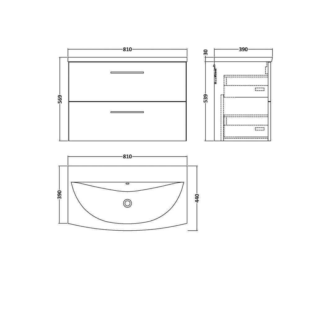 Nuie Arno 800mm Wall Hung 2 Drawer Vanity & Basin 4 Contemporary Soft Black MFC Painted Matt 569x810x440mm - JJ Building Materials