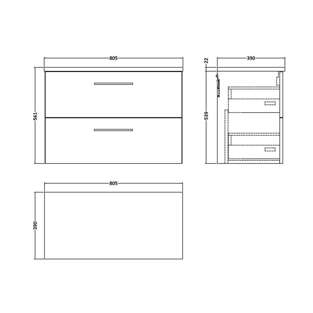 Nuie Arno 800mm Wall Hung 2 Drawer Vanity & Laminate Top Contemporary Charcoal Black MFC Textured Woodgrain 561x805x390mm - ARN626LBG - JJ Building Materials