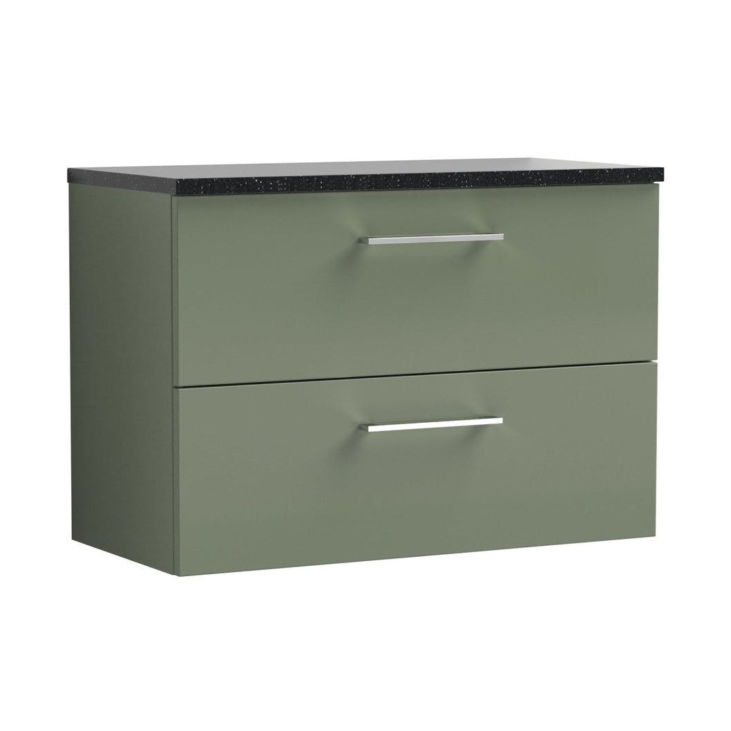 Nuie Arno 800mm Wall Hung 2 Drawer Vanity & Laminate Top Contemporary Satin Green MFC Painted Matt 561x805x390mm - ARN826LSB - JJ Building Materials