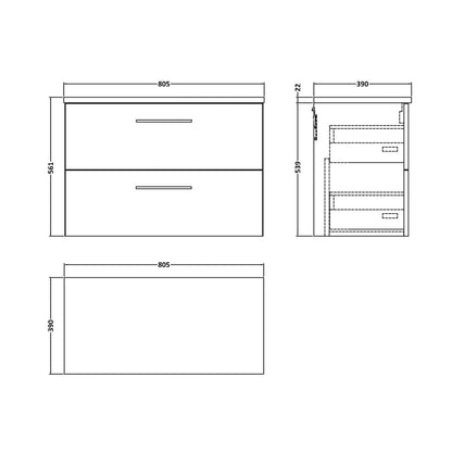 Nuie Arno 800mm Wall Hung 2-drawer Vanity & Laminate Worktop Contemporary Bleached Oak MFC Textured Woodgrain 562x805x390mm - ARN3026LCM - JJ Building Materials