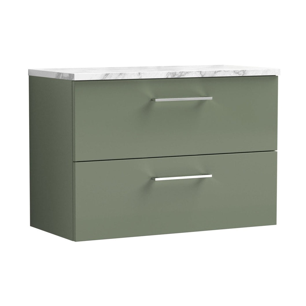 Nuie Arno 800mm Wall Hung 2-drawer Vanity & Laminate Worktop Contemporary Satin Green MFC Painted Matt 562x805x390mm - JJ Building Materials