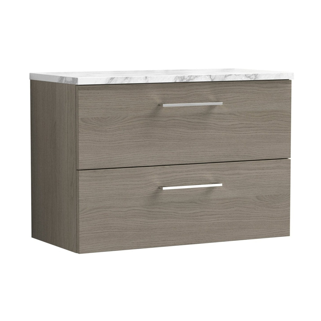 Nuie Arno 800mm Wall Hung 2-drawer Vanity & Laminate Worktop Contemporary Solace Oak MFC Textured Woodgrain 561x805x390mm - JJ Building Materials