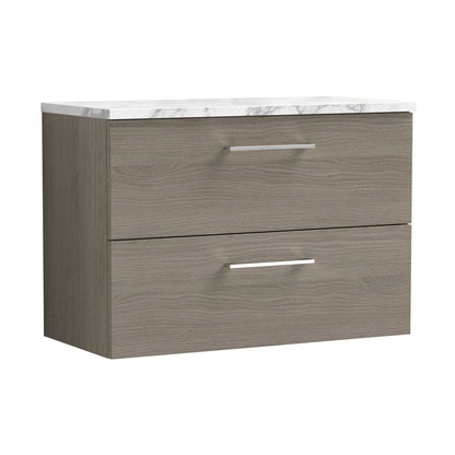 Nuie Arno 800mm Wall Hung 2-drawer Vanity & Laminate Worktop Contemporary Solace Oak MFC Textured Woodgrain 561x805x390mm - JJ Building Materials