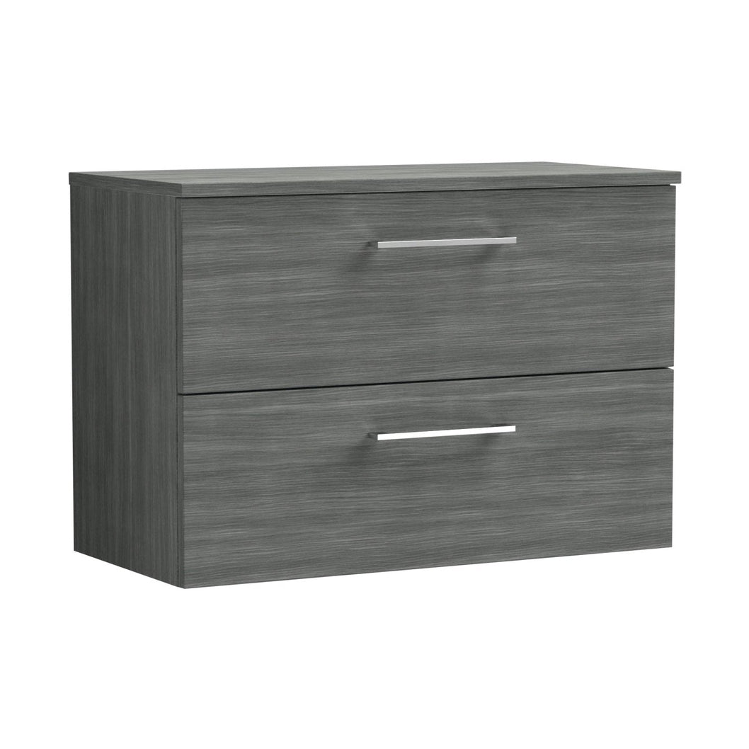 Nuie Arno 800mm Wall Hung 2 Drawer Vanity & Worktop Contemporary Anthracite Woodgrain MFC Textured Woodgrain 539x805x390mm - JJ Building Materials