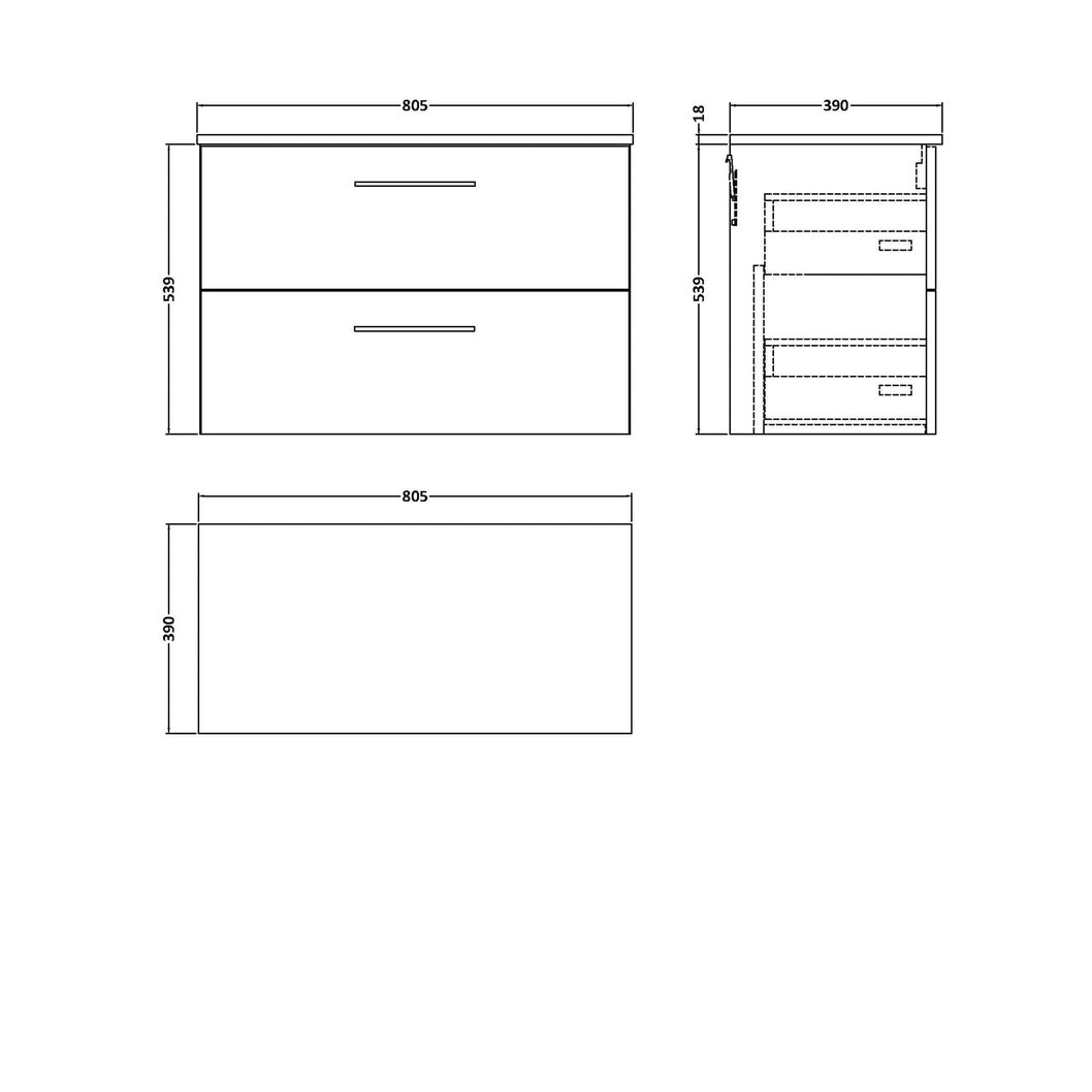 Nuie Arno 800mm Wall Hung 2-drawer Vanity & Worktop Contemporary Bleached Oak MFC Textured Woodgrain 558x805x390mm - JJ Building Materials
