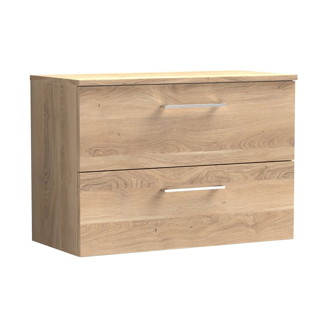 Nuie Arno 800mm Wall Hung 2-drawer Vanity & Worktop Contemporary Bleached Oak MFC Textured Woodgrain 558x805x390mm - JJ Building Materials
