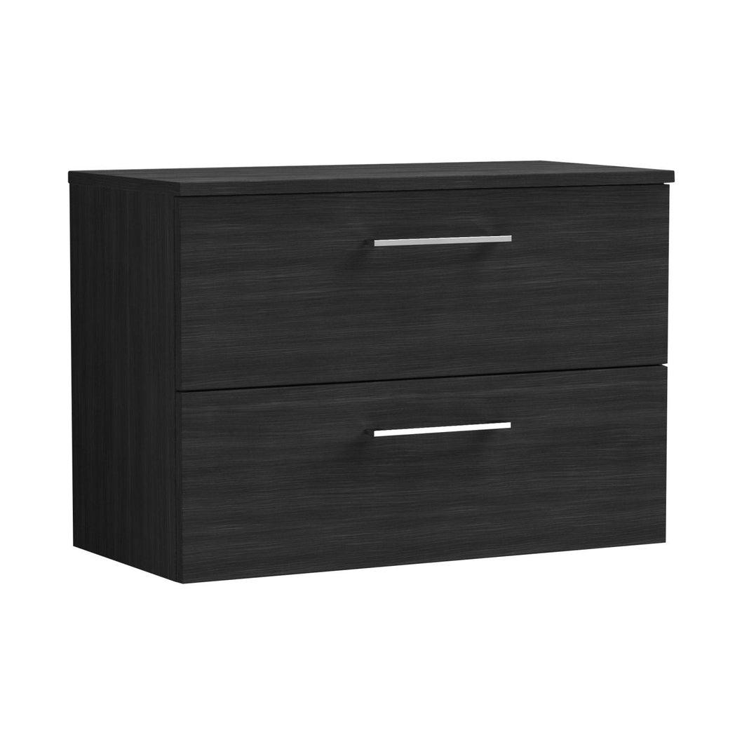 Nuie Arno 800mm Wall Hung 2 Drawer Vanity & Worktop Contemporary Charcoal Black MFC Textured Woodgrain 539x805x390mm - JJ Building Materials
