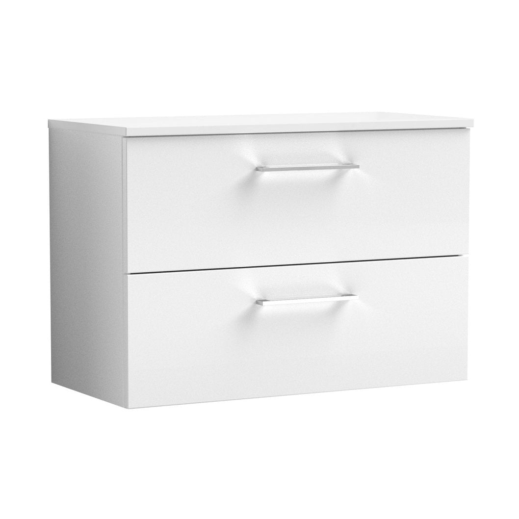 Nuie Arno 800mm Wall Hung 2 Drawer Vanity & Worktop Contemporary Gloss White MFC Painted Gloss 539x805x390mm - JJ Building Materials
