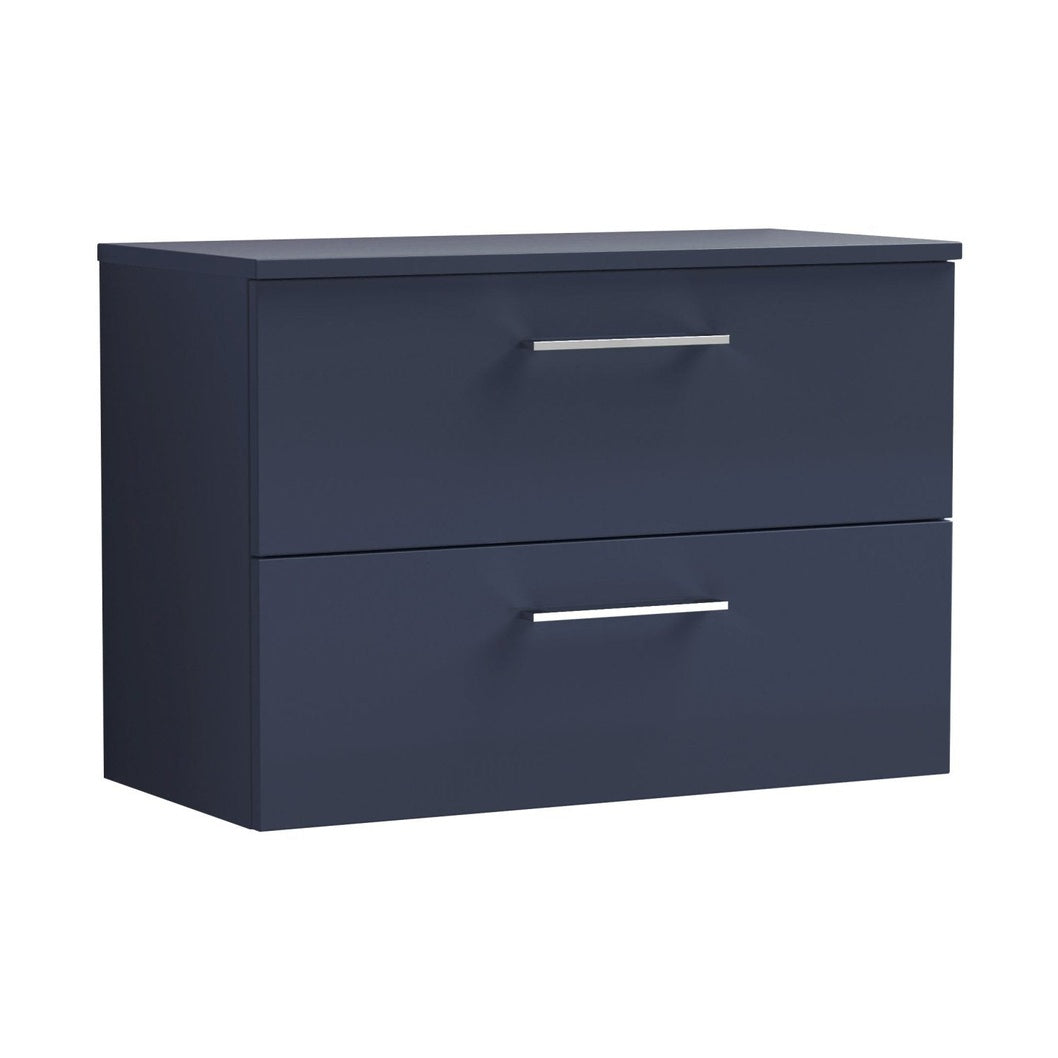 Nuie Arno 800mm Wall Hung 2-drawer Vanity & Worktop Contemporary Midnight Blue MFC Painted Matt 558x805x390mm - JJ Building Materials