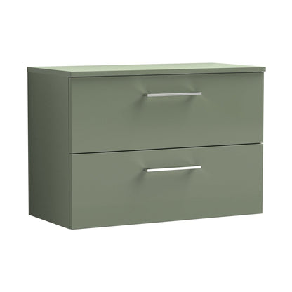 Nuie Arno 800mm Wall Hung 2 Drawer Vanity & Worktop Contemporary Satin Green MFC Painted Matt 539x805x390mm - JJ Building Materials