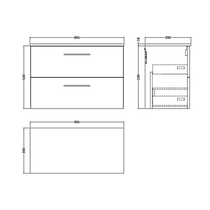 Nuie Arno 800mm Wall Hung 2 Drawer Vanity & Worktop Contemporary Satin Green MFC Painted Matt 539x805x390mm - JJ Building Materials